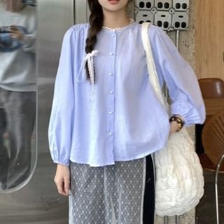 Pinstriped Button-Up Round-Neck Blouse with Long Sleeves