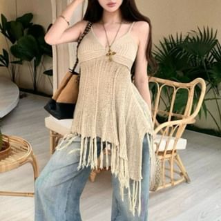 Fringed Knit Camisole with Asymmetrical V-Neck