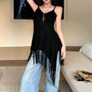 Fringed Knit Camisole with Asymmetrical V-Neck