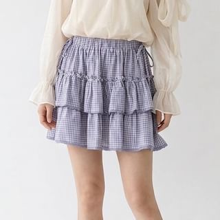 Mid Rise Plaid Lace Trim Ruffle Mini A-Line Skirt