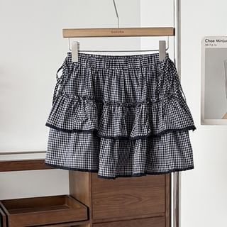 Mid Rise Plaid Lace Trim Ruffle Mini A-Line Skirt