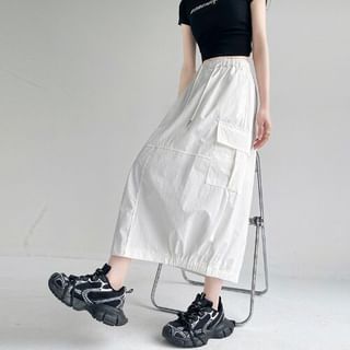High Waist Plain Back-Slit Pocket Detail Midi Straight Skirt