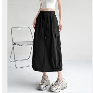 High Waist Plain Back-Slit Pocket Detail Midi Straight Skirt