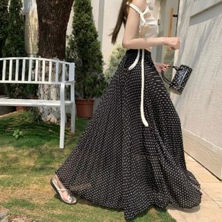 High Waist Polka Dot Accordion Pleated Maxi A-Line Skirt