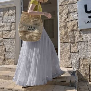 High Waist Plain Crinkle Mesh Maxi A-Line Skirt