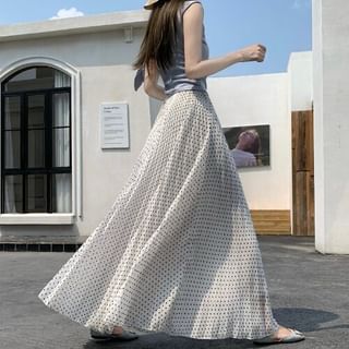 High Waist Polka Dot Accordion Pleated Maxi A-Line Skirt