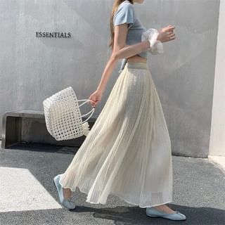 High Waist Plain Accordion Pleated Mesh Midi A-Line Skirt