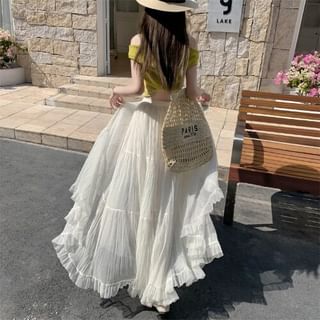 High Waist Plain Crinkle Mesh Maxi A-Line Skirt