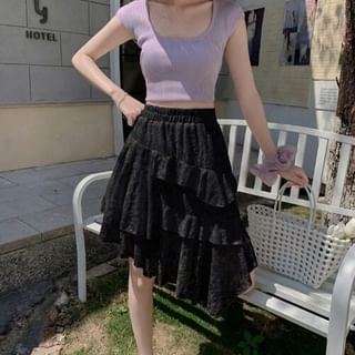 High Waist Asymmetrical Ruffle Trim Lace A-Line Skirt