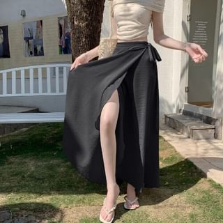 High Waist Plain Maxi A-Line Wrap Skirt