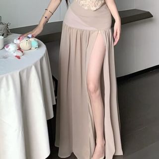 Lace Crop Tube Top / High Waist Plain Slit Maxi A-Line Skirt