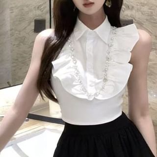 Sleeveless Collared Embellished Ruffle Trim Blouse / High Waist Plain Layered Mini A-Line Skirt