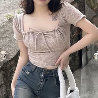 Ruched Square-Neck Short-Sleeve Knit Crop Top