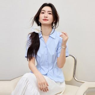 Short Sleeve Collared Button Blouse