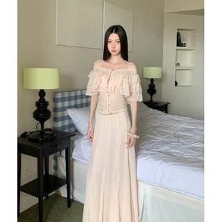 Short Sleeve Off Shoulder Ruffle Lace Blouse & A-Line Skirt