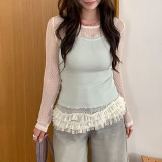 Long Sleeve Crew Neck Ruffle Hem Lace Top