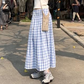 High Waist Gingham Pleated Maxi A-Line Skirt