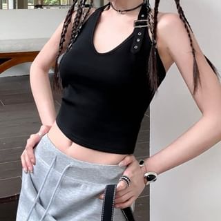 V-Neck Halter Buckled Open Back Crop Top