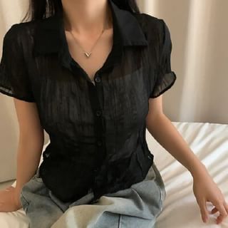 Short Sleeve Collared Sheer Button Up Shirt