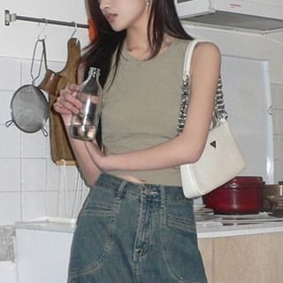 Crew Neck Plain Cutout Crop Tank Top / High Waist Asymmetrical Frayed Slit Denim Midi Mermaid Skirt