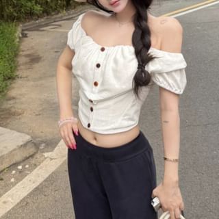 Casual Crop Blouse with Button Front and Flared Sweatpants