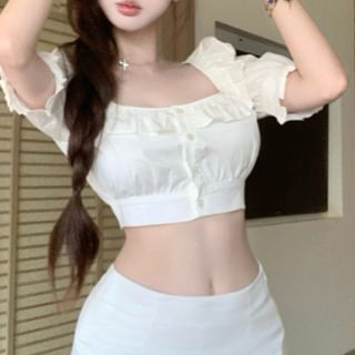 Short-Sleeve Square Neck Plain Ruffle Trim Crop Blouse / Mid Rise Plain Mini Pencil Skirt