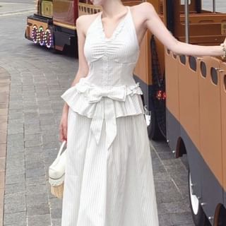 V-Neck Halter Blouse with Pinstripes and Ruffle Trim Plus Maxi Skirt