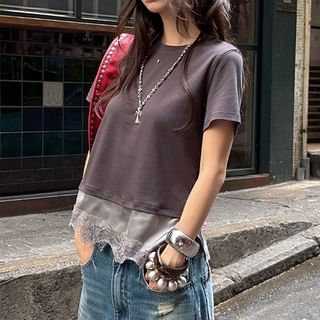 Short-Sleeve Crew Neck Lace Trim T-Shirt