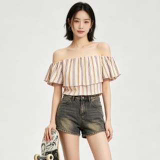 Off-Shoulder Striped Crop Top with Short Sleeves