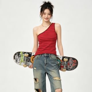 Asymmetrical Striped Tank with Single Shoulder Design
