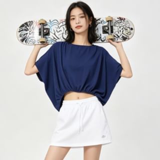 Elbow-Length Sleeve Ruched Round Neck Blouse