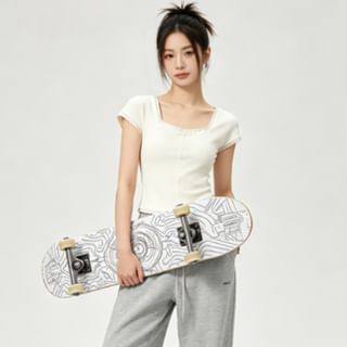 Short Sleeve Square Neck Distressed Trim Knit Top