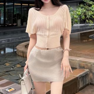 Elbow-Sleeve Scoop Neck Button Ribbed Knit Top & Mini A-Line Skirt