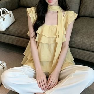 Square Neck Ruffle Trim Short-Sleeve Blouse