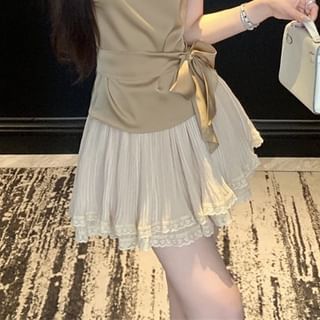 Sleeveless Asymmetrical Neck Plain Tie-Waist Satin Top / High Waist Plain Lace Trim Mini A-Line Skirt