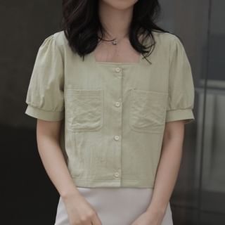 Square Neck Button Up Short-Sleeve Blouse