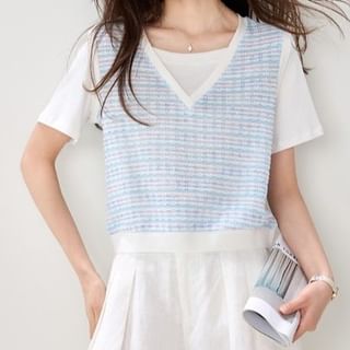 Textured Panel V-Neck Mock Two-Piece Short Sleeve Top