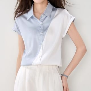 Two Tone Collared Button-Up Satin Short Sleeve Blouse