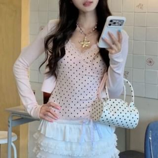 Spaghetti Strap Dotted Camisole, Crop Cardigan, Mini A-Line Skirt Set