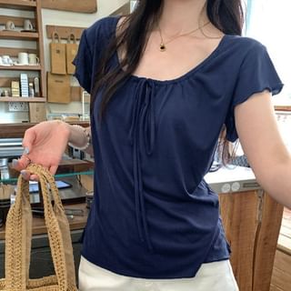 Tie Neck Plain Short Sleeve Top