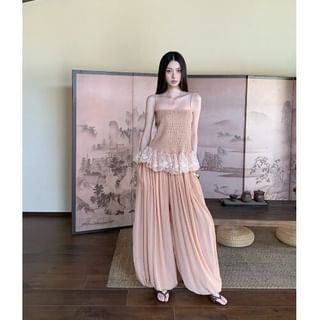 Smocked Peplum Lace Camisole & High-Waist Baggy Pants
