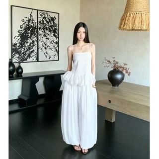 Smocked Peplum Lace Camisole & High-Waist Baggy Pants