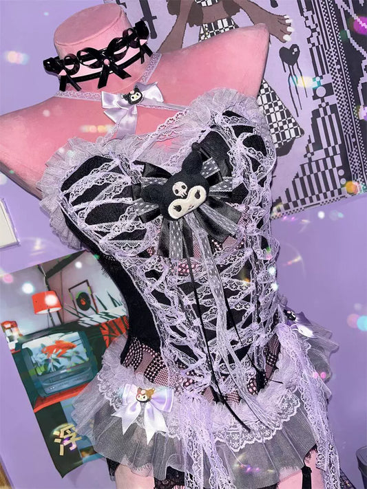 Y2K Purple Black Kuro Pure Niche Lace Suspender Vest Top