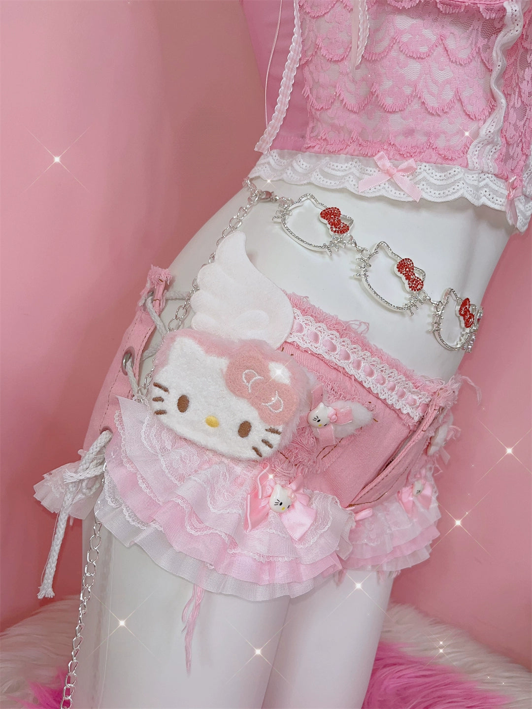Y2K Cute Sweet Kitty Lace Wings Lace Pink Shorts