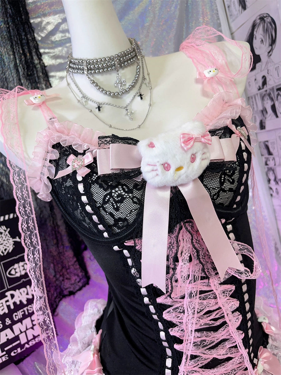 Y2K Black Pink Lace Bow kitty Suspender Vest Panty Set