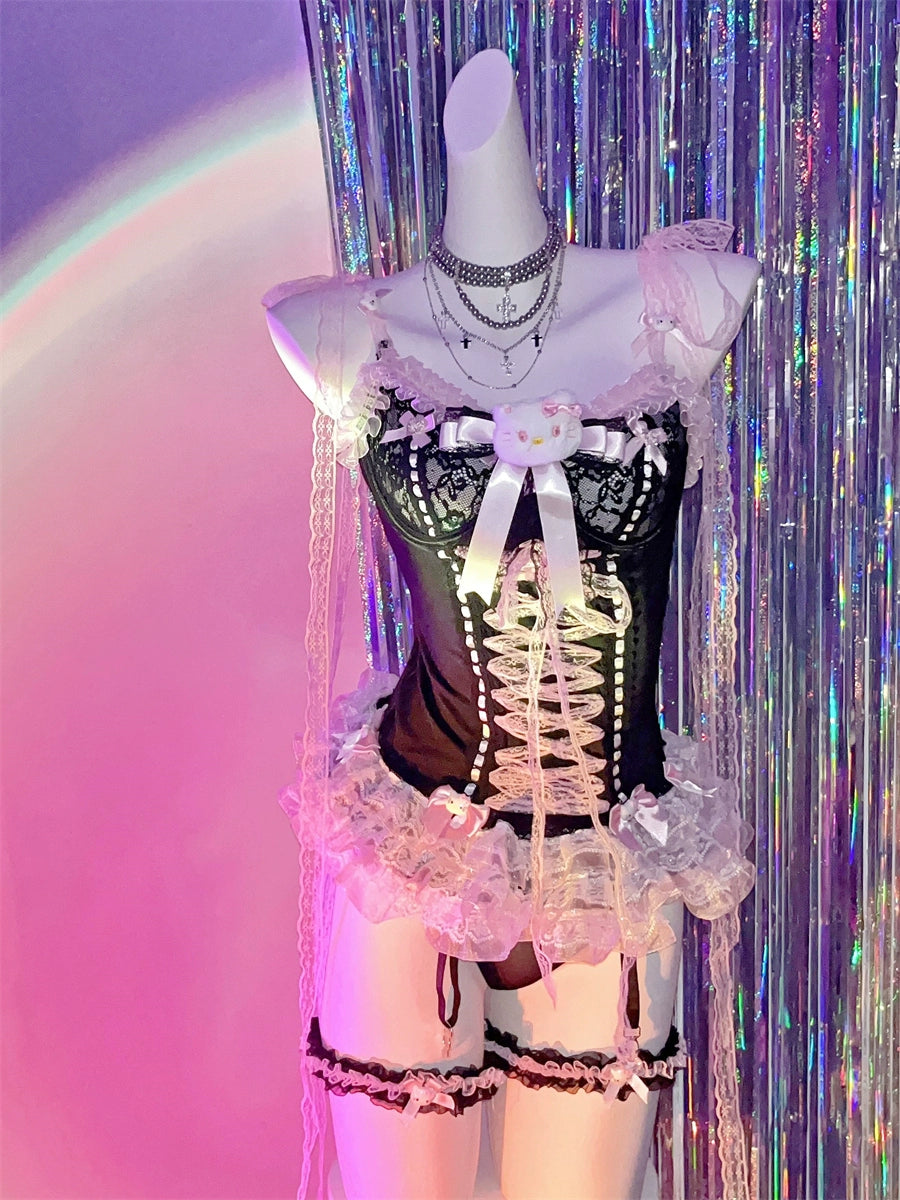 Y2K Black Pink Lace Bow kitty Suspender Vest Panty Set