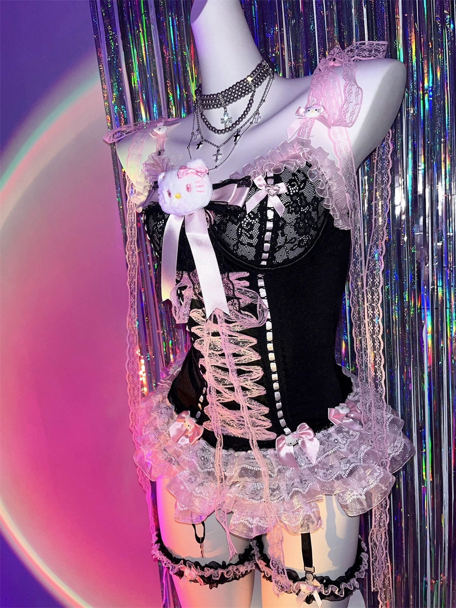 Y2K Black Pink Lace Bow kitty Suspender Vest Panty Set