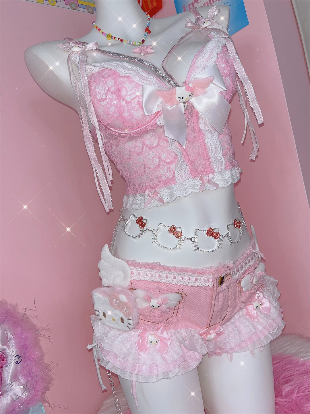 Y2K Cute Sweet Kitty Lace Wings Lace Pink Shorts