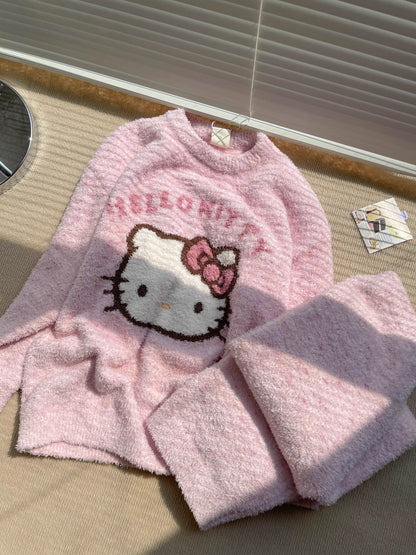 Rosa, weiches, flauschiges Kätzchen-Pyjama-Set SK559