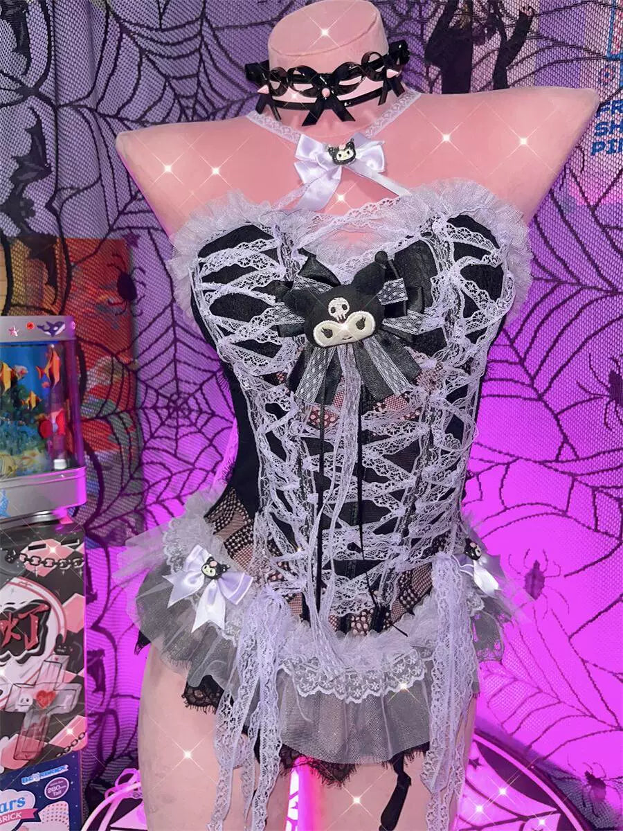 Y2K Purple Black Kuro Pure Niche Lace Suspender Vest Top